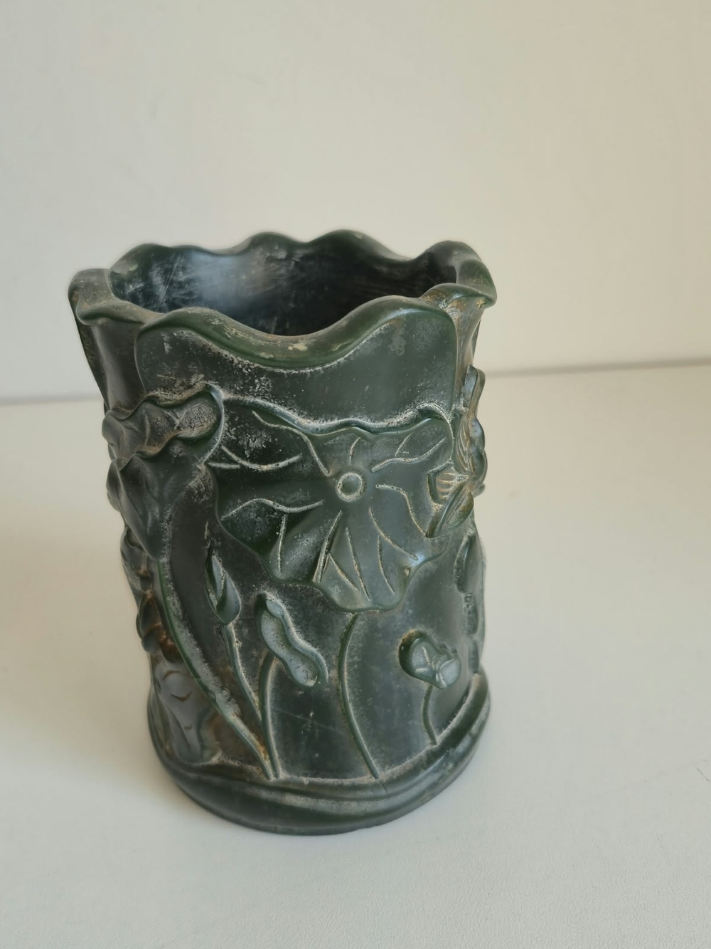 Vintage Carved Green Soapstone Lotus & Fish Brush Pot / Vase